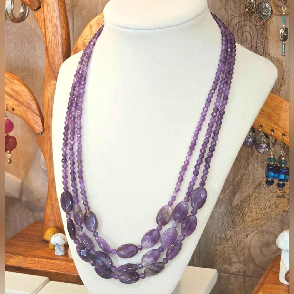 Jay King 925 Layered 3 Strand Faceted Amethyst Bead 20" Necklace New in Box